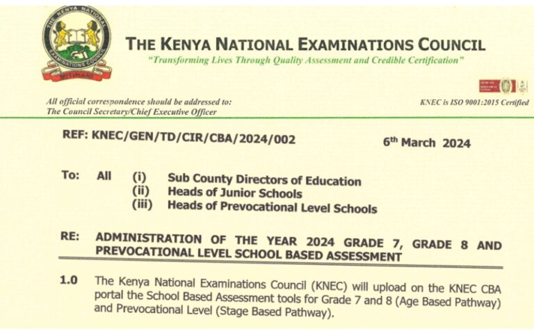 KNEC Circular On 2024 Assessment Of Grades 7 And 8