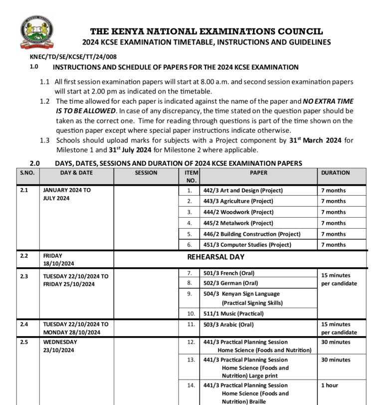 KNEC 2024 KCSE Timetable And PDF Download