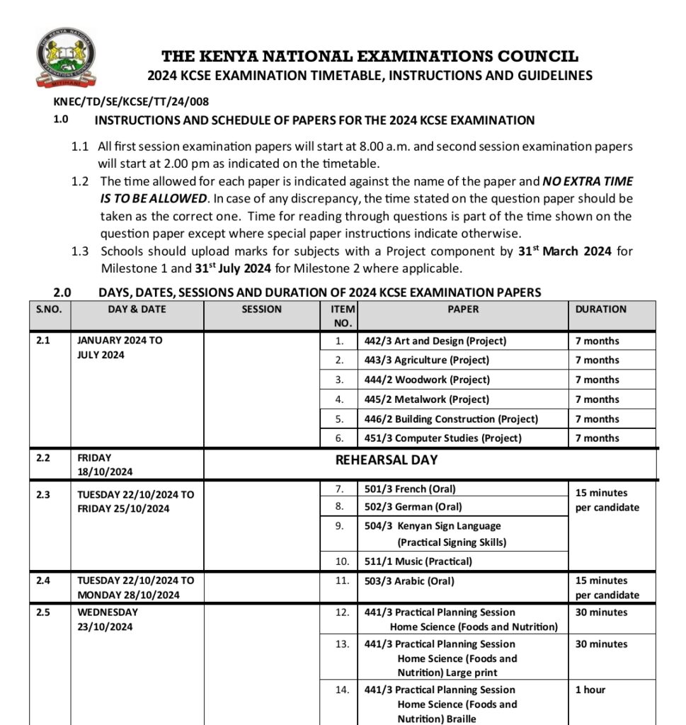 KNEC 2024 KCSE Timetable And PDF Download