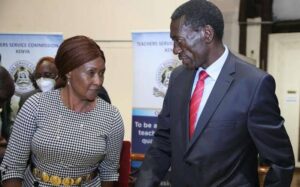 From left, TSC CEO Dr Nancy Macharia with KNUT secretary General Collins Oyuu at a past event