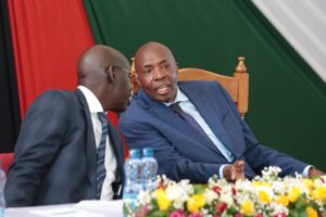 Education Cabinet Secretary Ezekiel Machogu with Education PS Belio Kipsang at a past meeting 