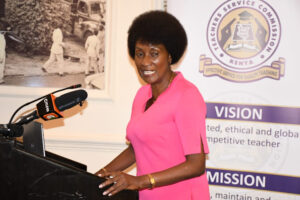 A clear photo of TSC CEO Dr Nancy Macharia while addressing Teachers on the upcoming TPD Modules in Mount Kenya University