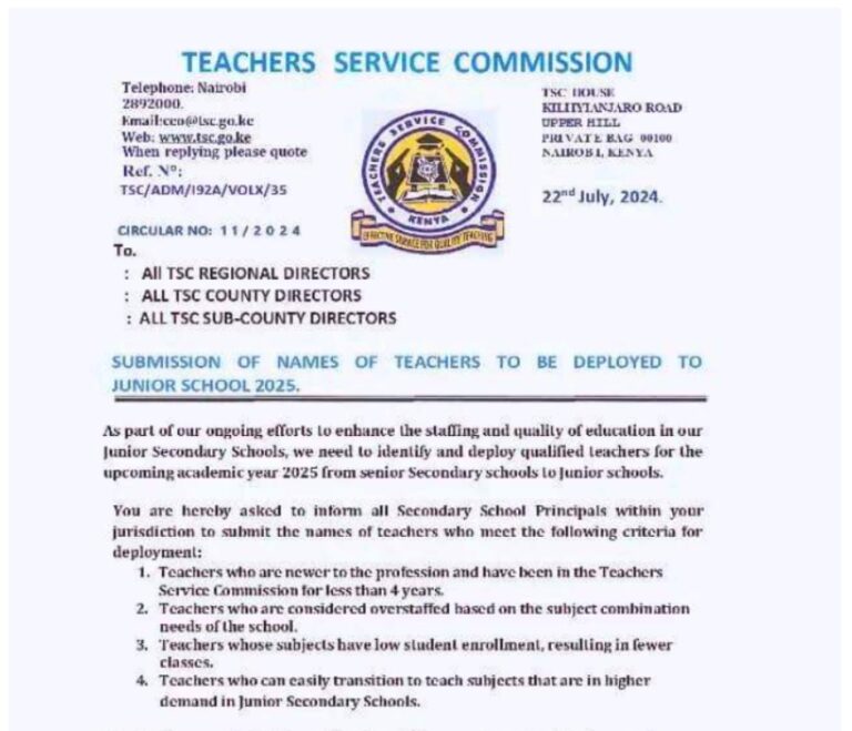 TSC Criteria For Deployment Of P1 Teachers To JSS