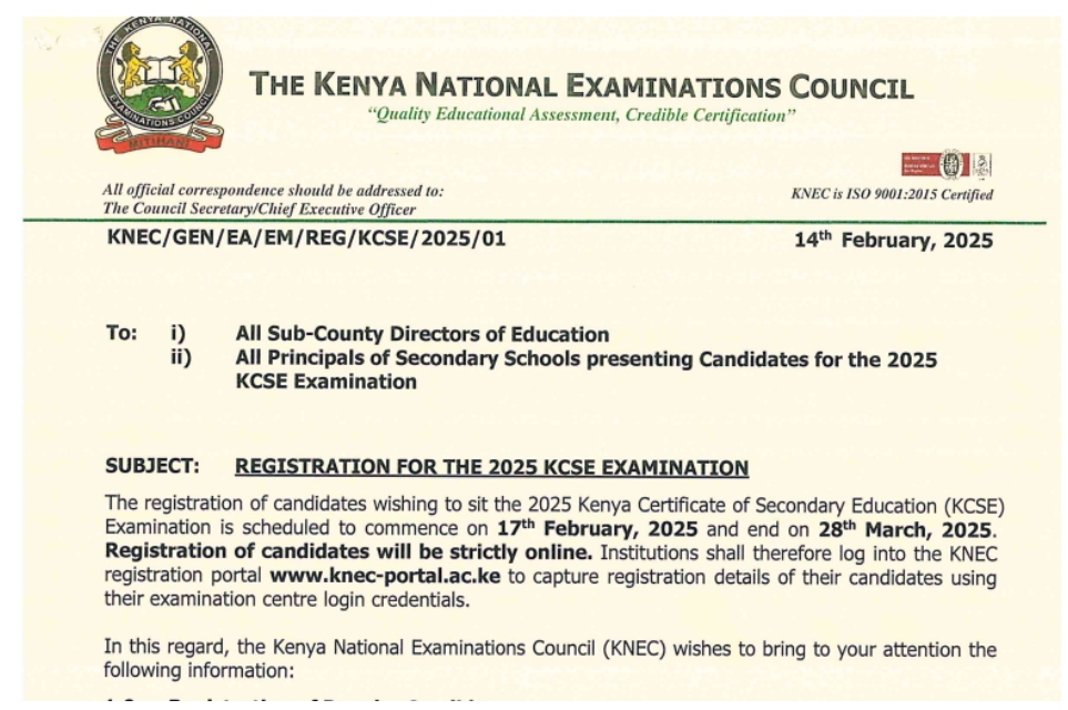 Knec Circular On KCSE 2025 Candidates Registration With New Changes ...