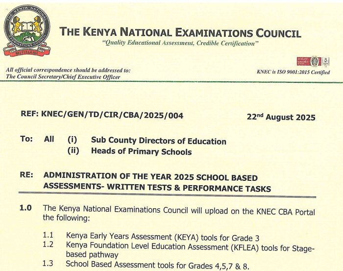 Knec Circular: Administration Of 2025 SBA Written Tests Grade 3,4,5,7,8