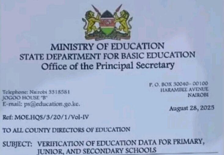 Ministry Circular On Validation Of Schools Data For KEMIS By 5th Sept